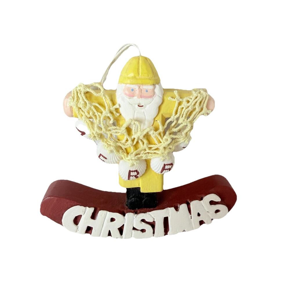 Midwest Cannon Falls Fisherman Santa Ornament Yellow Jacket Net Merry Christmas